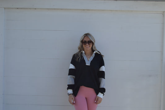 Striped Colorblock Patchwork Collar Sweatshirt